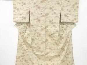 アンティーク　笹に花模様織出し手織り紬単衣着物